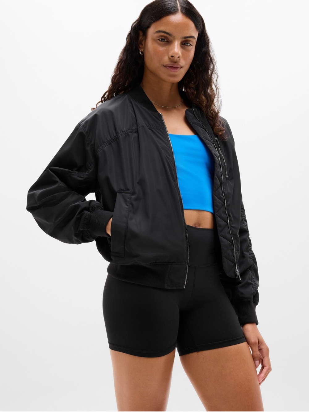 Athleta Black Bomber Jacket with Zip Front